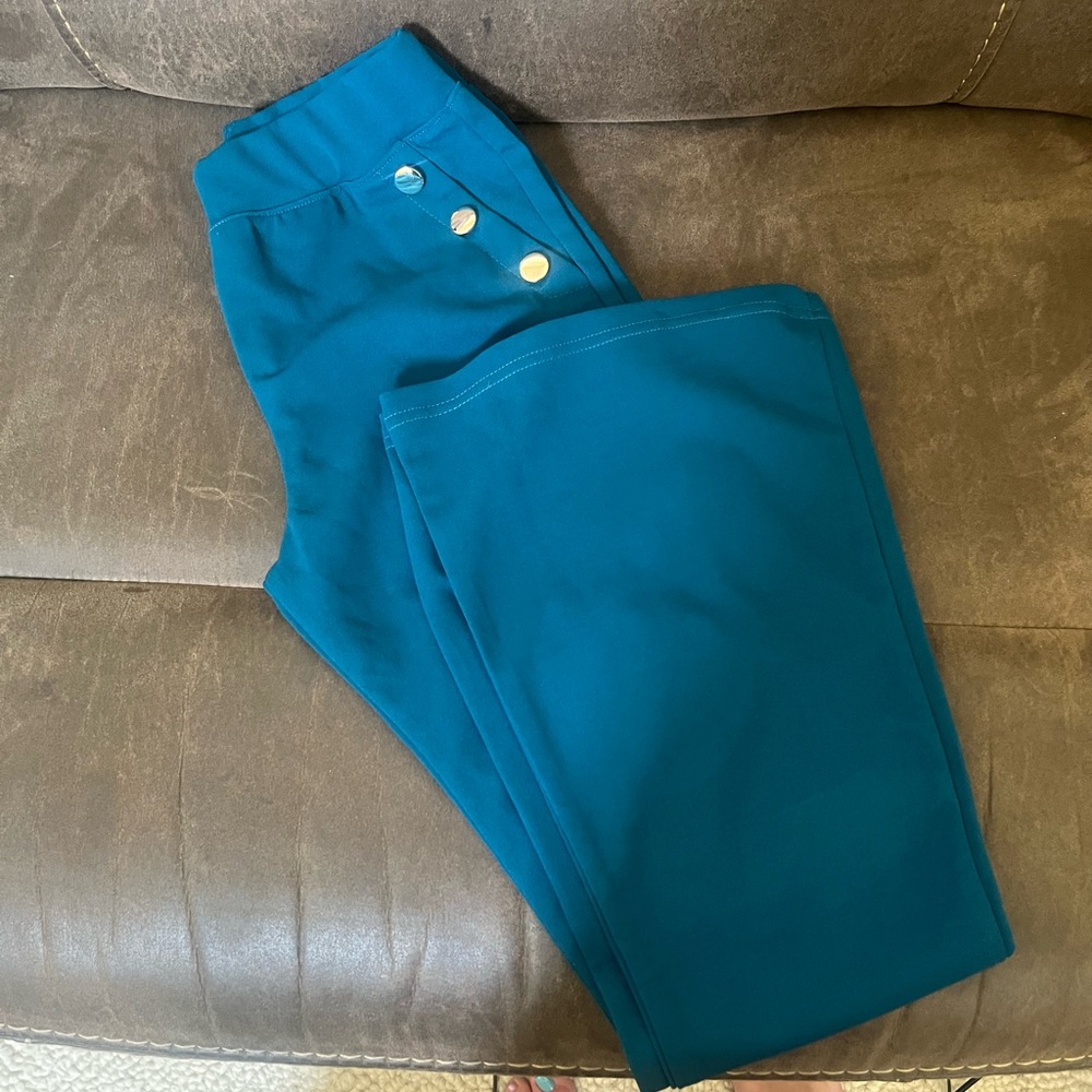 Teal High-Waisted Pants with silver Buttons